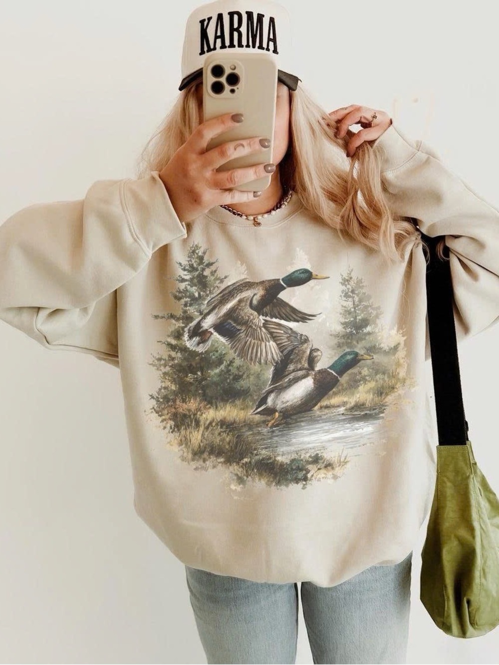 Karma Cream Crewneck Sweatshirt with Duck & Woodland Print